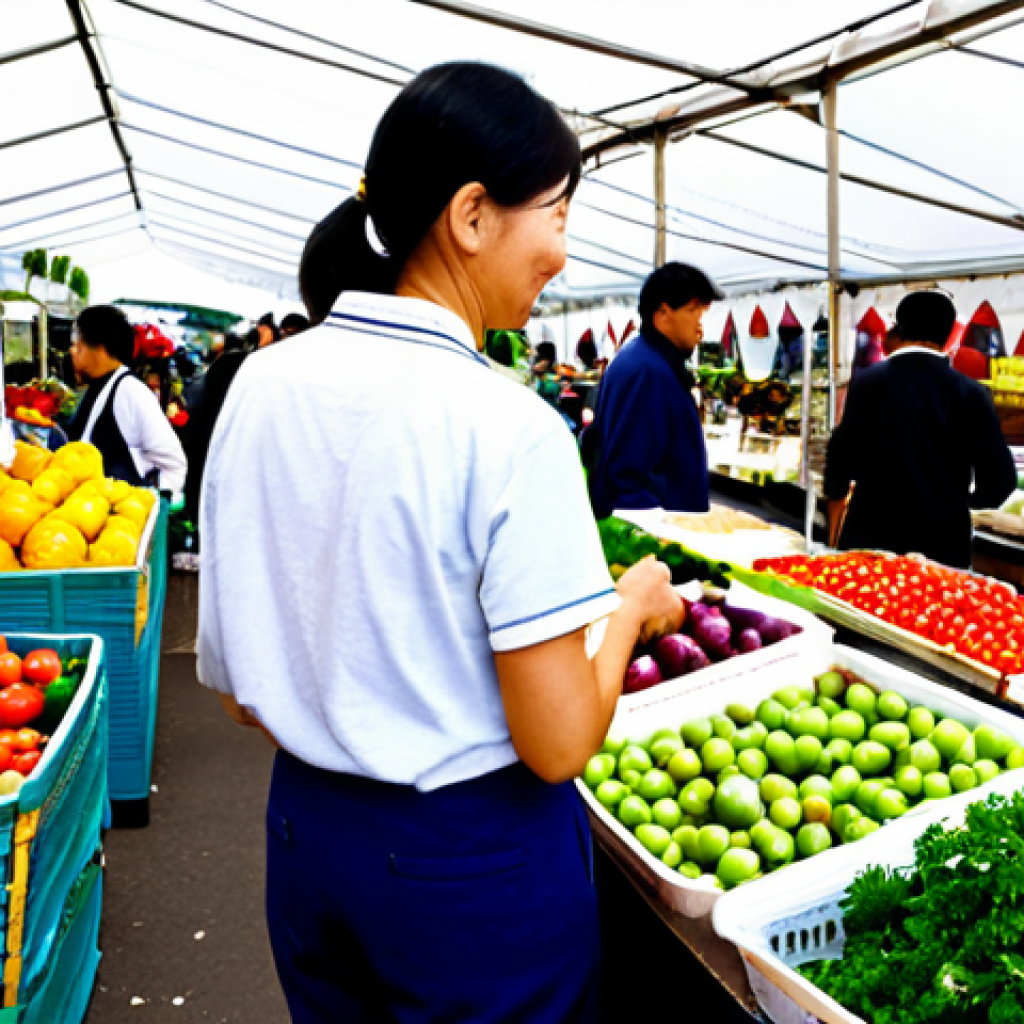 **
A person shopping at a local farmers market (地元の市場). They are carefully selecting fresh, organic vegetables. In the background, there are stalls with local produce and happy vendors. Focus on sustainable living and supporting local businesses. Bright, cheerful, and inviting atmosphere. fully clothed, appropriate attire, safe for work, perfect anatomy, natural proportions, professional photography, high quality, family-friendly.
**