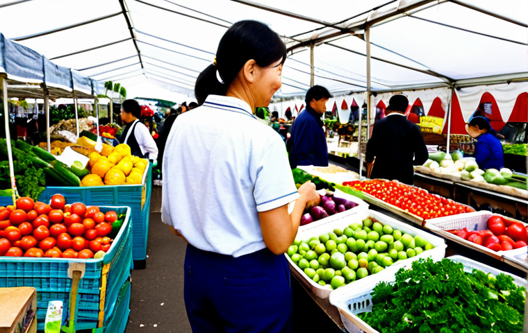 **

A person shopping at a local farmers market (地元の市場). They are carefully selecting fresh, organic vegetables. In the background, there are stalls with local produce and happy vendors. Focus on sustainable living and supporting local businesses. Bright, cheerful, and inviting atmosphere. fully clothed, appropriate attire, safe for work, perfect anatomy, natural proportions, professional photography, high quality, family-friendly.

**
