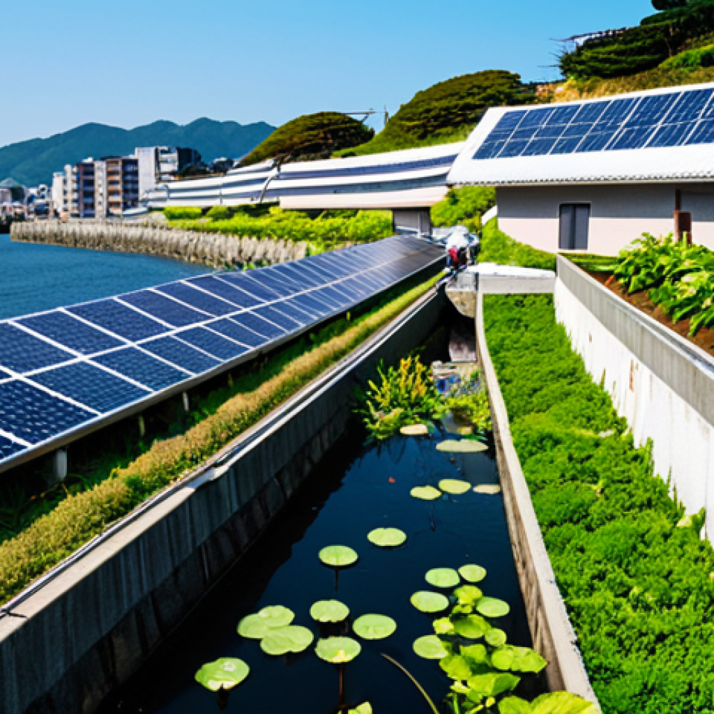 ** A scenic view of a Japanese coastal town adapting to climate change, showcasing seawalls and elevated buildings for flood protection. Include solar panels on rooftops and a community garden, with fully clothed residents participating in a local cleanup event. safe for work, appropriate content, fully clothed, professional, perfect anatomy, natural proportions, vibrant colors, clear skies.
**