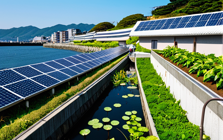 ** A scenic view of a Japanese coastal town adapting to climate change, showcasing seawalls and elevated buildings for flood protection. Include solar panels on rooftops and a community garden, with fully clothed residents participating in a local cleanup event. safe for work, appropriate content, fully clothed, professional, perfect anatomy, natural proportions, vibrant colors, clear skies.

**