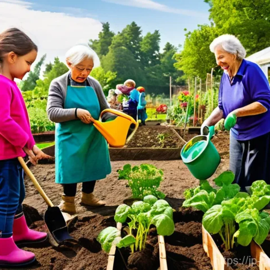 기후 변화와 관련된 지역 사회의 연대 활동 - **A heartwarming scene at a vibrant community garden, bustling with people of all ages. Families, in...