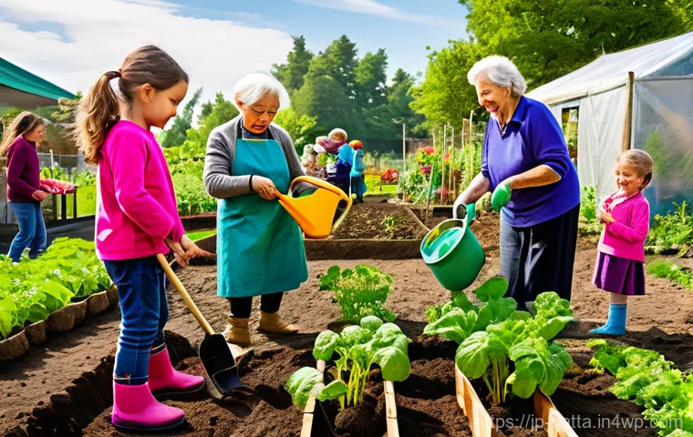 기후 변화와 관련된 지역 사회의 연대 활동 - **A heartwarming scene at a vibrant community garden, bustling with people of all ages. Families, in...