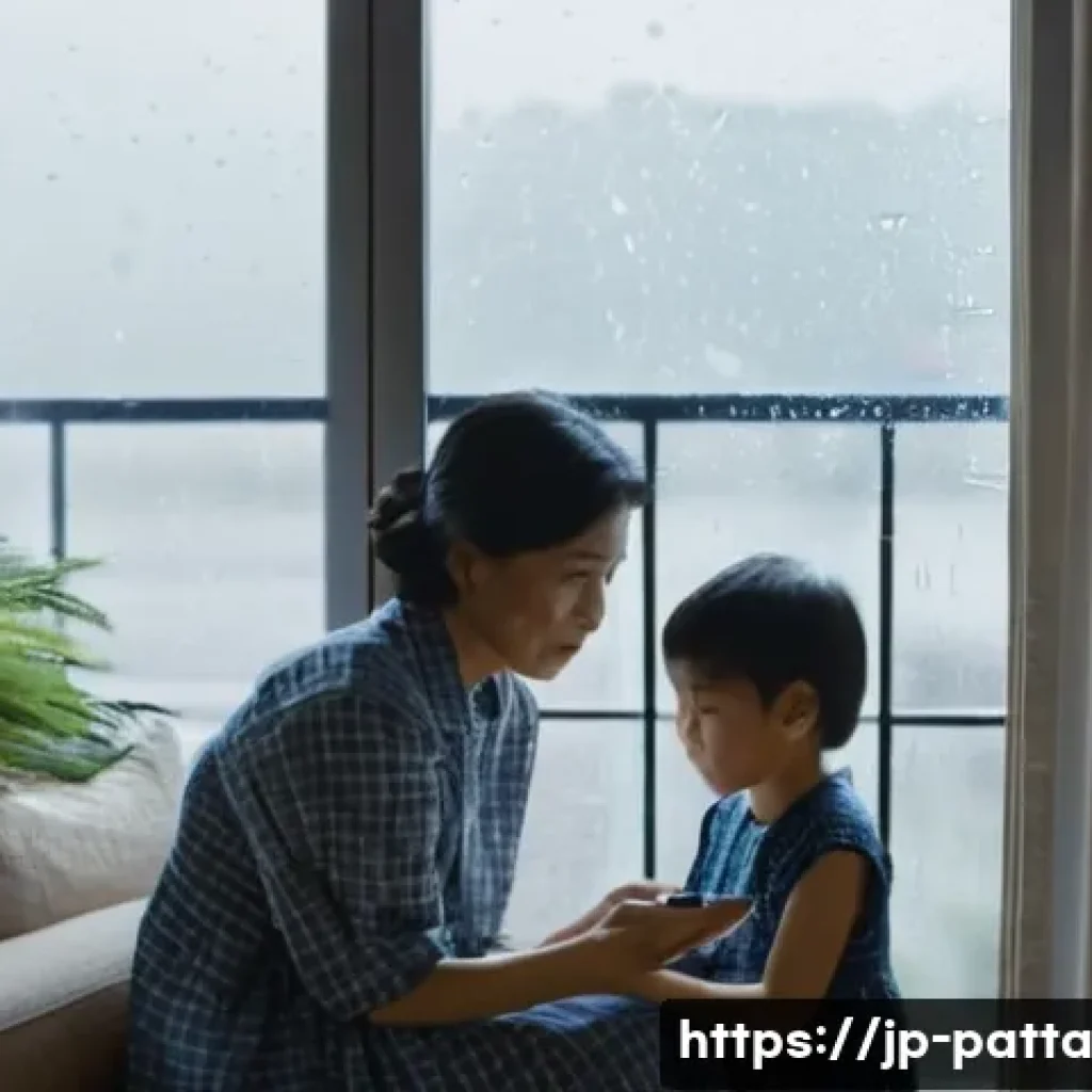 기후 변화에 대한 시민의 인식 변화 - **Prompt:** A modern Japanese family of three (mother, father, and a child aged around 8-10) gathere...