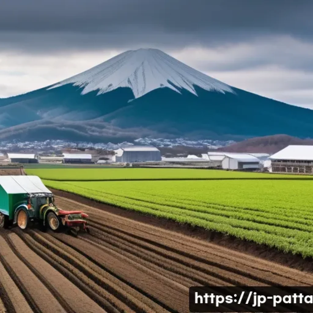기후 위기와 지역 정체성의 관계 - A detailed rural Japanese farm scene in Hokkaido during early spring, showcasing a farmer adjusting ...