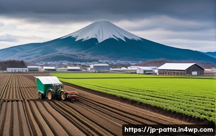 기후 위기와 지역 정체성의 관계 - A detailed rural Japanese farm scene in Hokkaido during early spring, showcasing a farmer adjusting ...
