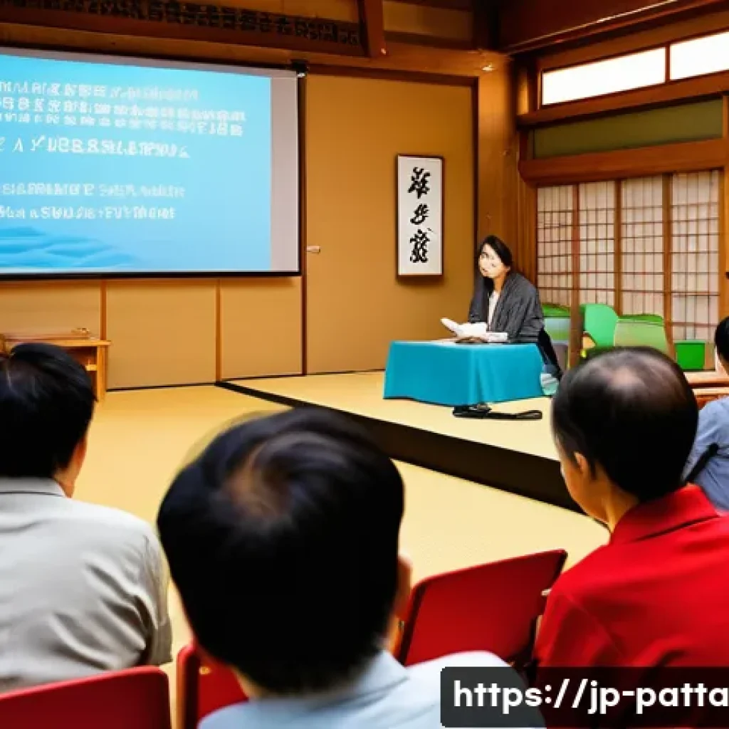 기후 변화 대응을 위한 지역 사회의 리더십 - A vibrant community workshop scene in a modern Japanese town hall, with diverse local residents atte...