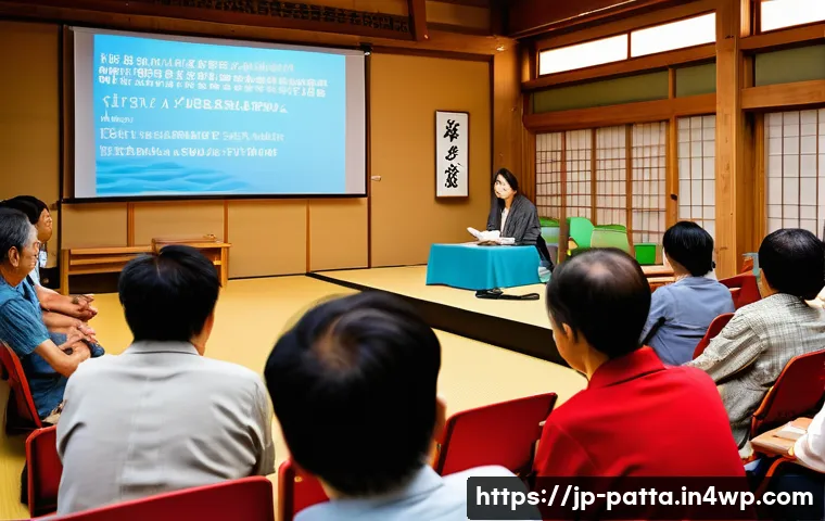 기후 변화 대응을 위한 지역 사회의 리더십 - A vibrant community workshop scene in a modern Japanese town hall, with diverse local residents atte...