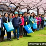 기후 위기 해결을 위한 집단적 대응 전략 - A vibrant community tree-planting event in a Japanese neighborhood during spring, featuring diverse ...
