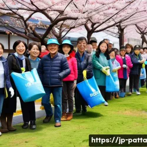 기후 위기 해결을 위한 집단적 대응 전략 - A vibrant community tree-planting event in a Japanese neighborhood during spring, featuring diverse ...