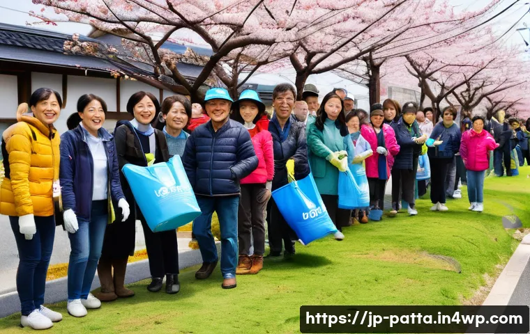 기후 위기 해결을 위한 집단적 대응 전략 - A vibrant community tree-planting event in a Japanese neighborhood during spring, featuring diverse ...
