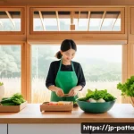 기후 변화와 지속 가능한 생활의 연관성 - A vibrant Japanese kitchen scene featuring a person preparing a colorful plant-based meal using fres...
