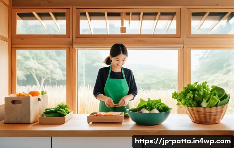 기후 변화와 지속 가능한 생활의 연관성 - A vibrant Japanese kitchen scene featuring a person preparing a colorful plant-based meal using fres...