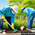 기후 위기 해결을 위한 공동체 이니셔티브 - A vibrant community weekend eco-activity scene in a modern Japanese town, showing diverse local resi...