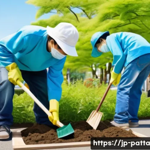 기후 위기 해결을 위한 공동체 이니셔티브 - A vibrant community weekend eco-activity scene in a modern Japanese town, showing diverse local resi...