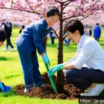 기후 위기와 환경 정의의 문제 - A vibrant community tree-planting event in a Japanese suburban park during spring, showing diverse l...
