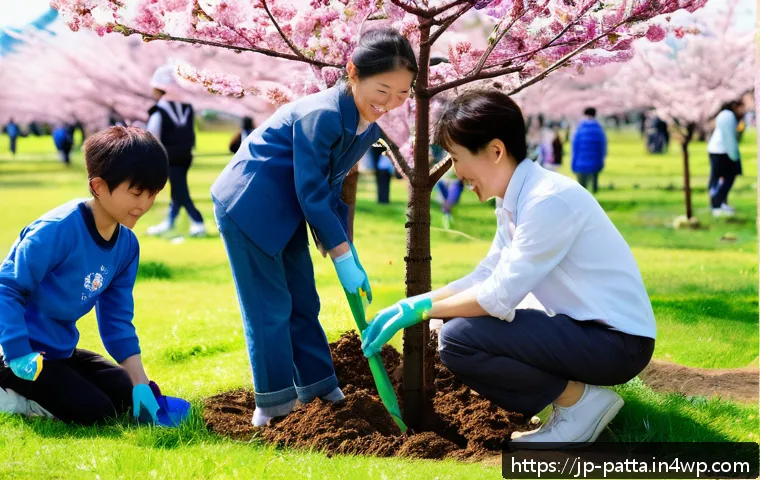 기후 위기와 환경 정의의 문제 - A vibrant community tree-planting event in a Japanese suburban park during spring, showing diverse l...