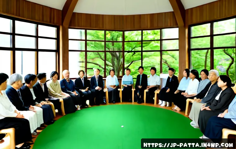 기후 위기 대응에 대한 시민의 목소리 - Photorealistic community climate forum in a bright Japanese civic hall, diverse residents including ...
