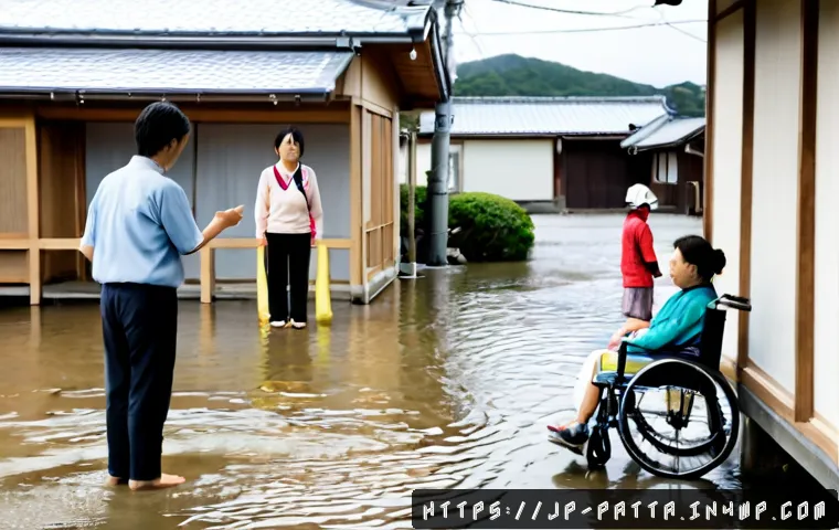 기후 위기에 대한 시민의 인권적 접근 - Photorealistic documentary-style scene in a Japanese coastal town after severe flooding, diverse loc...